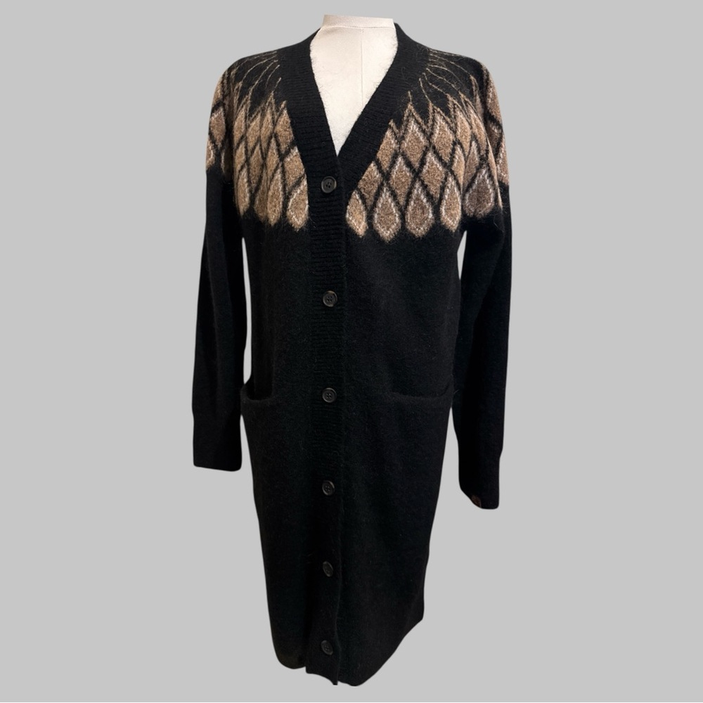 Icewear Black Long Wool Cardigan Sweater with Tan Pattern Icelandic Nordic